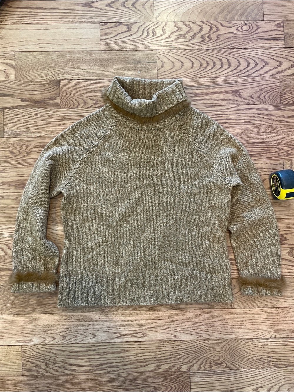 Soft Tan Turtleneck Sweater with Faux Fur Cuff Detail